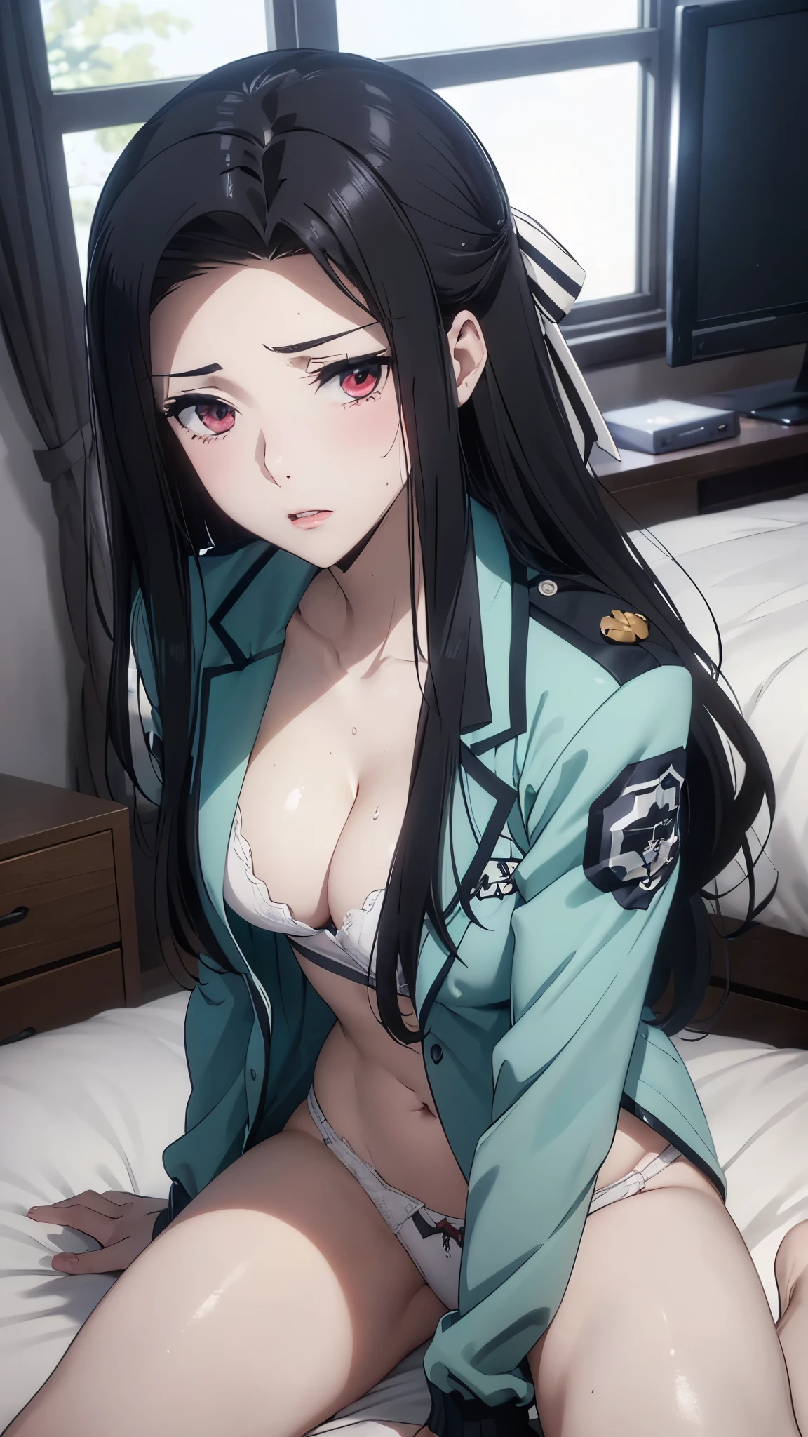 1 personの, alone, masterpiece, Highest quality, The Irregular at Magic High School, Mayumi Saegusa,Mayumi Saegusa, iris, Red eyes, eyelash, Black Hair, Long Hair, Back ribbon,High School Uniform, Green jacket, Cropped jacket, Open jacket, Long sleeve,  (masterpiece: 1.3), (Maximum resolution: 1.2), (Ultra HD TV: 1.2), Cinematic Light, 8k resolution, Detailed facial features , (Sharp focus: 1.2）, (Focus on the face:1.2),Perfect Style, Beautiful Face, Acura, Anatomically correct, Highly detailed face and skin texture, Beautiful Eyes,Beautiful Eyes, Thin eyebrows, Natural Cheeks, Glowing Skin, Fair skin: 1.2, (Glossy Lips: 1.4),、 (Embarrassed look: 1.2),Highly detailed face and skin texture, Natural Cheeks, , Glossy Lips: 1.4,Perfect Style、Cleavage、Soft Breasts、（Semen on chest:1.6）（Cum on thighs 1.5）、 Overflowing sperm、Drenched in sweat、Wet clothes、blush、A humiliating look、Anxious expression、Frightened expression、Embarrassed look、Glare、anger、sorrow、tears、（Open your knees:1.5）、（Spread your legs:1.5）、 White underwear、Disheveled clothes、sweating、Thin underwear、18-year-old、 clear, A clean-cut woman,1 person、 Upward-facing chest, Black Hair、blue eyes、Beautiful Eyes、Torn clothing、（masturbation behavior:2.0）、At the bed、（On my back、At the bedLying down、Lying down、White sheets:1.7）、avert your eyes、