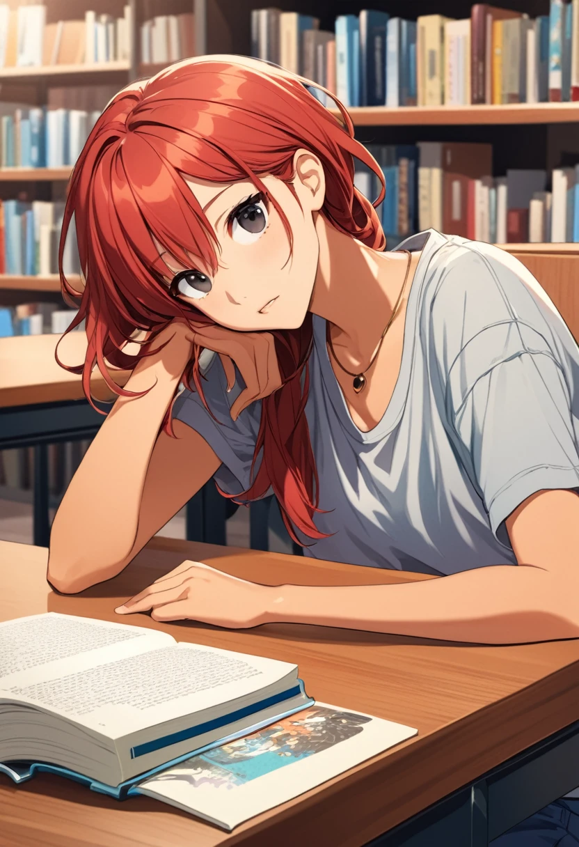 Illustration, Anime, Tan, Tomboy, Baggy Black Eyes, Red Hair, casual clothes, library, head on table