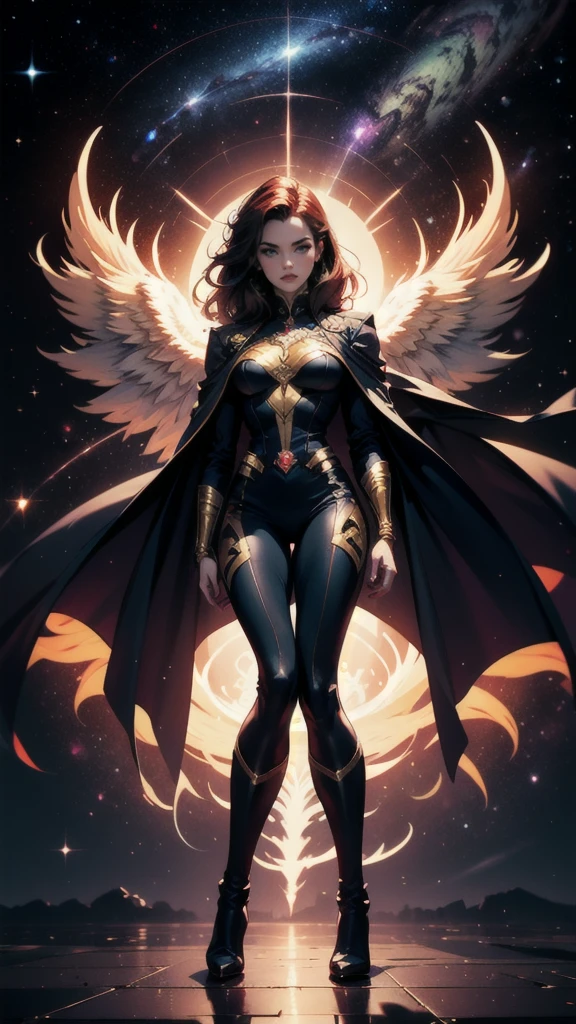 Jean Grey of X-men, high legged uniform of black and gold, boob window in uniform, skin-tight calf-high boots withoit heel, color mandala tattoos on thighs, color phoenix on chest, floating in space, 1 leg crossed in front of the other, dramatic cosmic background, moody lighting, 16k, best quality, masterpiece , (wide angle:1.27), full length portrait