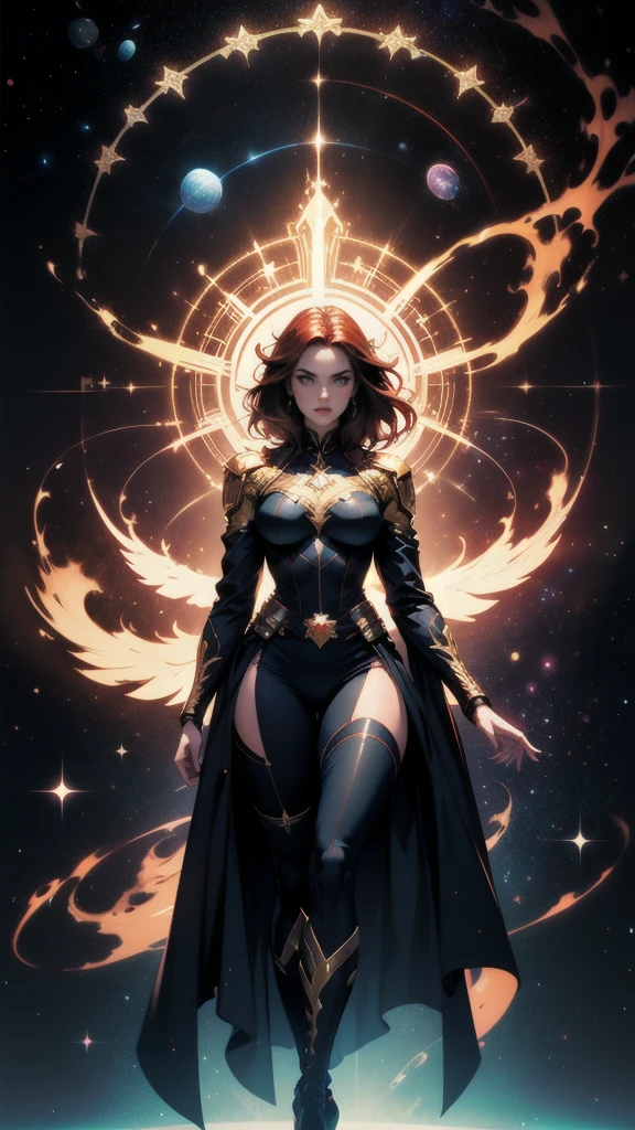 Jean Grey of X-men, high legged uniform of black and gold, boob window in uniform, skin-tight calf-high boots withoit heel, color mandala tattoos on thighs, color phoenix on chest, floating in space, 1 leg crossed in front of the other, dramatic cosmic background, moody lighting, 16k, best quality, masterpiece , (wide angle:1.27), full length portrait