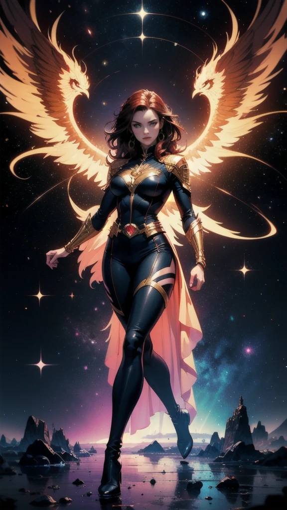 Jean Grey of X-men, high legged uniform of black and gold, boob window in uniform, skin-tight calf-high boots withoit heel, color mandala tattoos on thighs, color phoenix on chest, floating in space, 1 leg crossed in front of the other, dramatic cosmic background, moody lighting, 16k, best quality, masterpiece , (wide angle:1.27), full length portrait