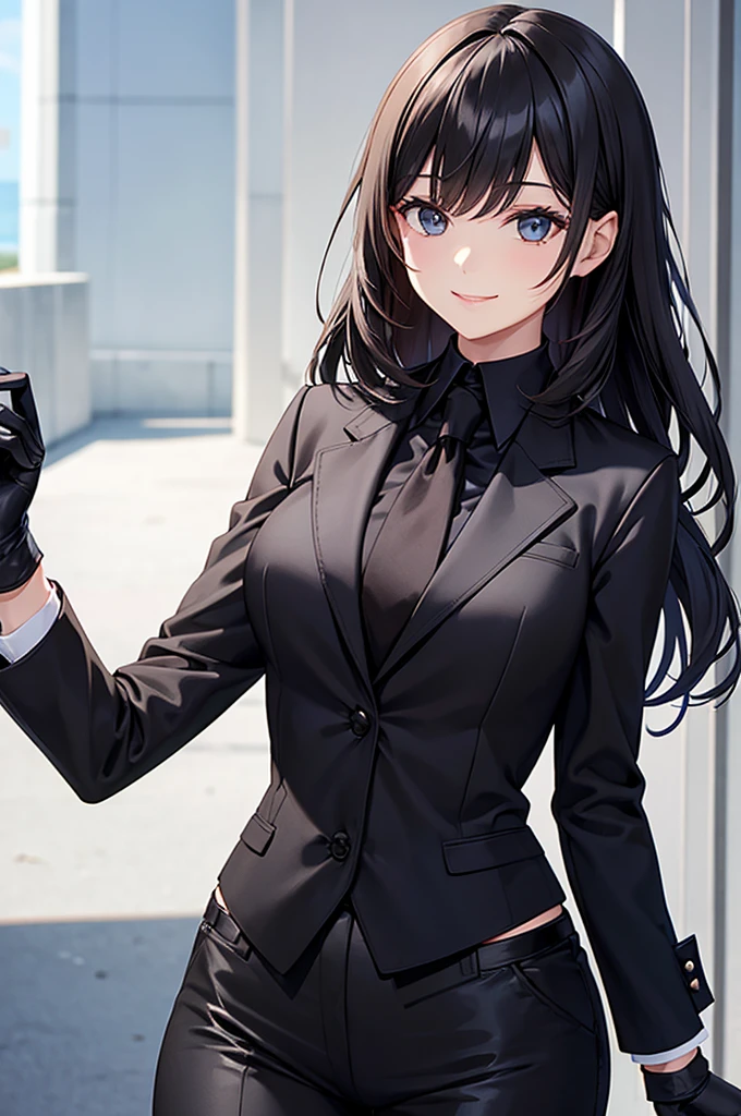 A woman in a black suit　smile　tie　Black gloves