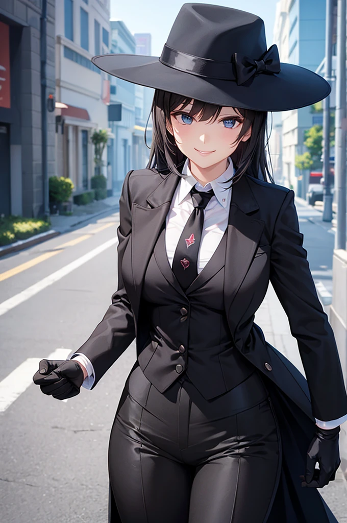 A woman in a black pantsuit　smile　tie　Black gloves