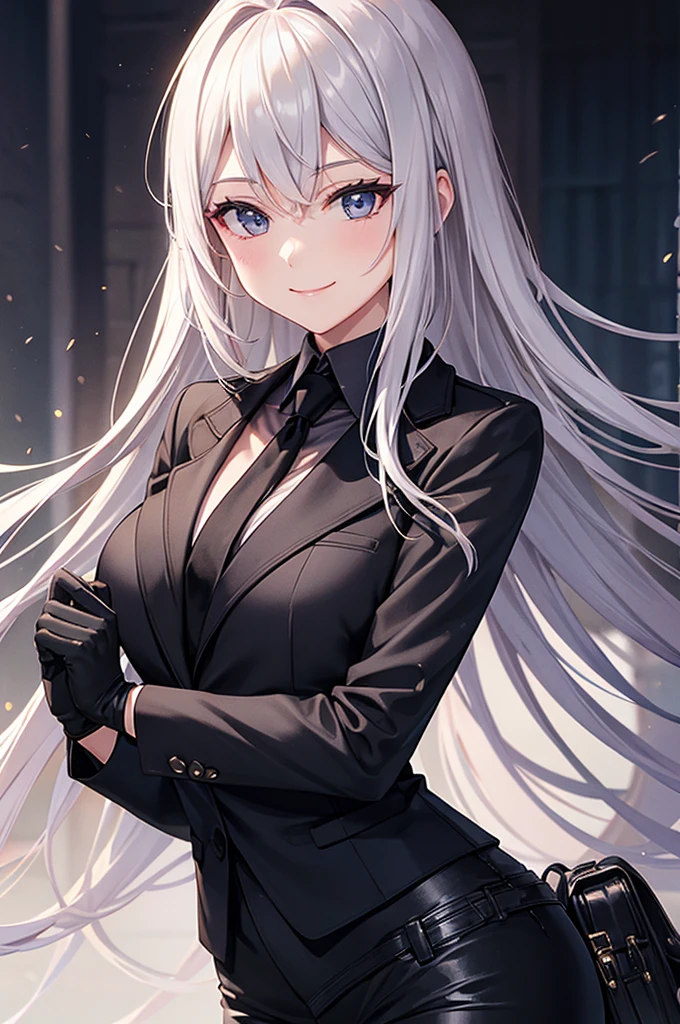A woman in a black pantsuit smile tie Black gloves