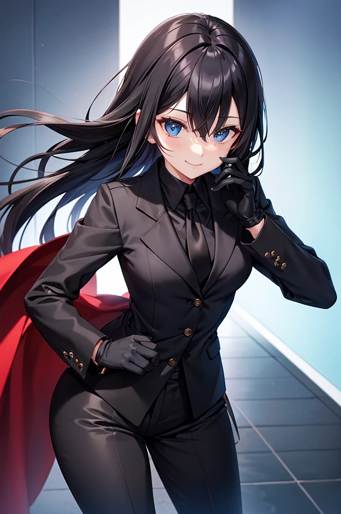 A woman in a black pantsuit smile tie Black gloves