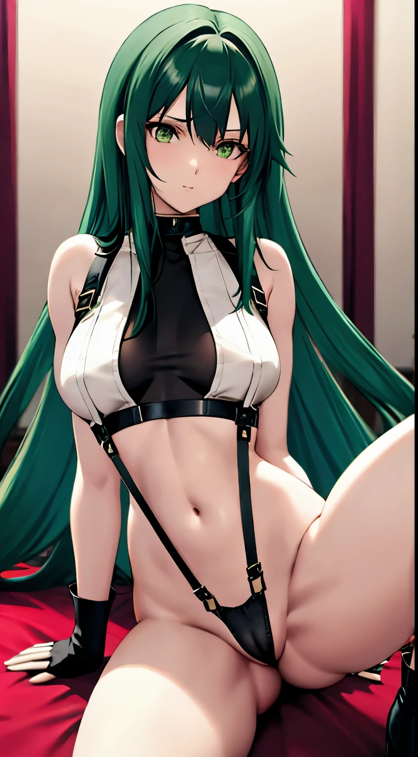 Green Eyes, (Green Hair:1.2),Provided by Bang，Long hair, White cropped top, Elbow pads, Fingerless gloves, Suspenders, Thong, Red Boots, (Perfect hands, Perfect anatomical structure),，Show your legs，Camel toe，