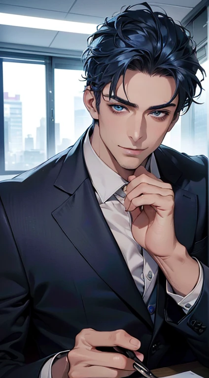 (best quality,4k,8k,highres,masterpiece:1.2),ultra-detailed,(realistic,photorealistic,photo-realistic:1.37),1 man,3,mature man,very handsome,without expression,smile,short blue hair,blue eyes,penetrating gaze,perfect face without errors,imposing posture,businessman,office background,cinematic lighting,hdr image