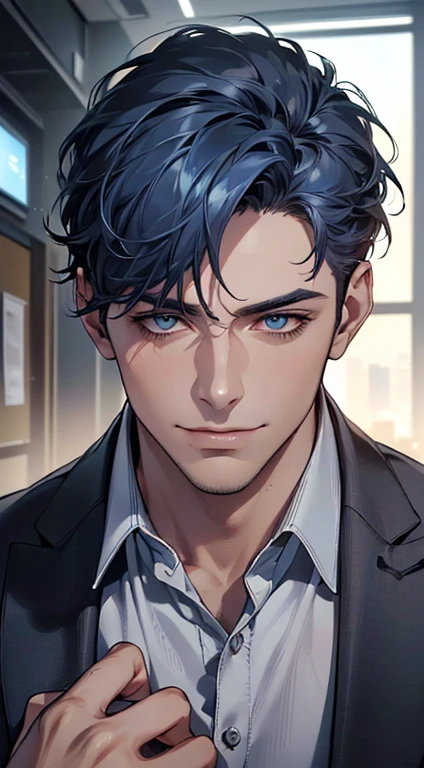 (best quality,4k,8k,highres,masterpiece:1.2),ultra-detailed,(realistic,photorealistic,photo-realistic:1.37),1 man,3,mature man,very handsome,without expression,smile,short blue hair,blue eyes,penetrating gaze,perfect face without errors,imposing posture,businessman,office background,cinematic lighting,hdr image