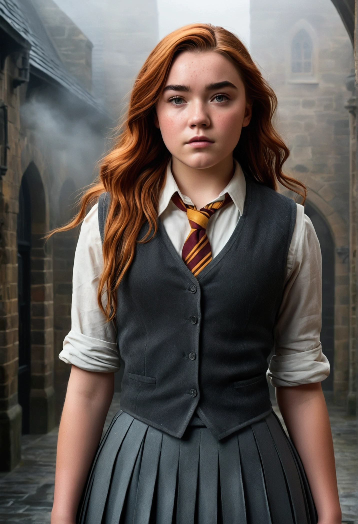 An illustrated movie poster, hand-drawn, full color, a teenage Hogwarts student, 18-years-old, female, wearing a charcoal vest and a pleated skirt, athletic hourglass figure, full wide hips, massive round butt, long shapely legs, ridiculously thick powerful thighs, vibrant eyes, red auburn hair, thick shaggy bangs, flushed sun-kissed complexion, freckles, resembles Florence Pugh, standing in a foggy Hogwarts courtyard, surrounded by mist, graphite shading, stencil marks, airbrushed acrylic paint, masterpiece, close-up shot, in the style of the Deathly Hallows 