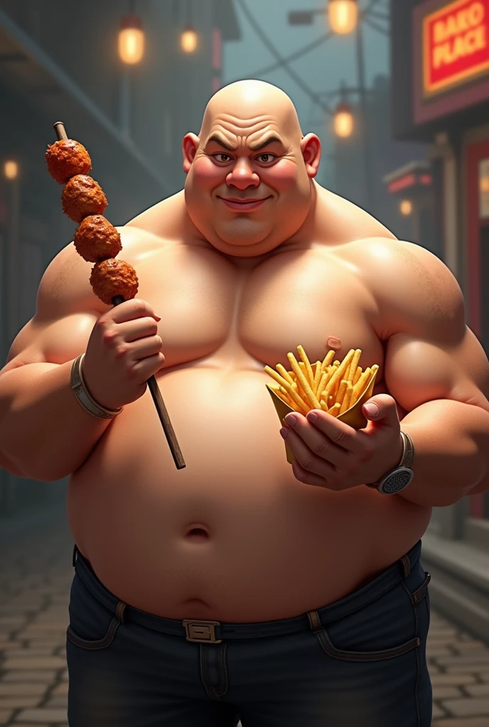 Create the character Chang from the game KoF holding a skewer in one hand and holding French fries in the other hand. Create him as a chubby, bald, shirtless guy.
