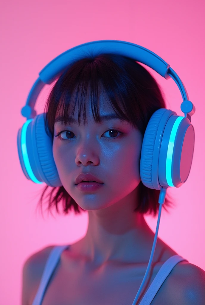Create an image with a light pink background. A girl with a huge neon blue headset listening to music. front pose