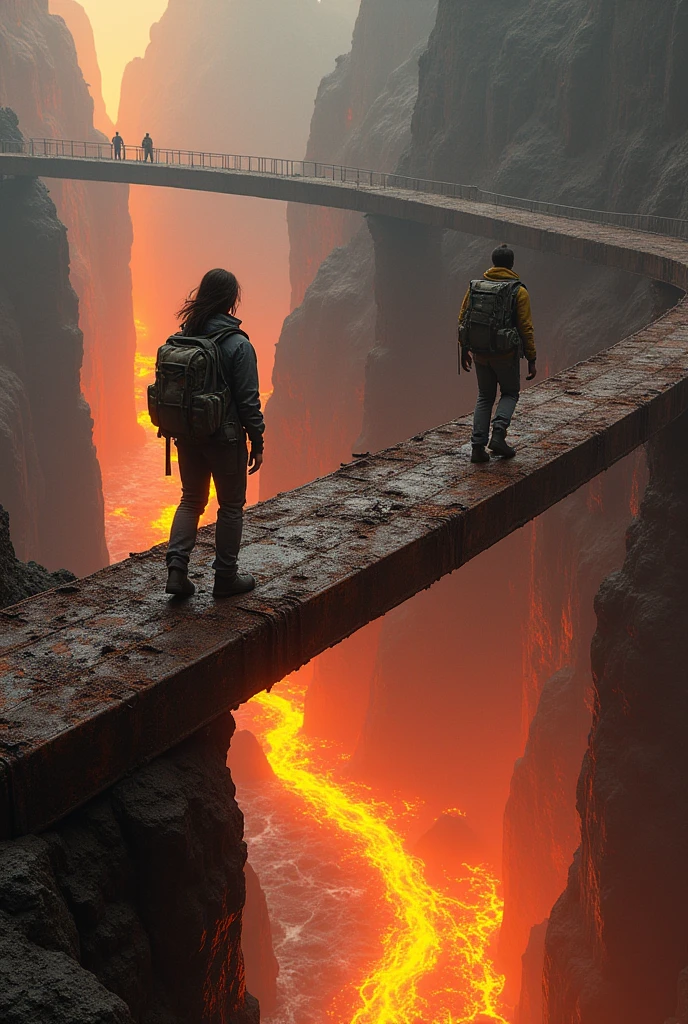 A long rusty iron bridge stretched into the air connecting to a cave and a mountain. And below the bridge a river of lava. And two scientists from behind crossing the bridge, a woman with loose, straight hair and a man. All in exploration and scientific suits. That the man is almost reaching the other side of the bridge and the woman is halfway across the bridge. And have scientist clothes with backpacks