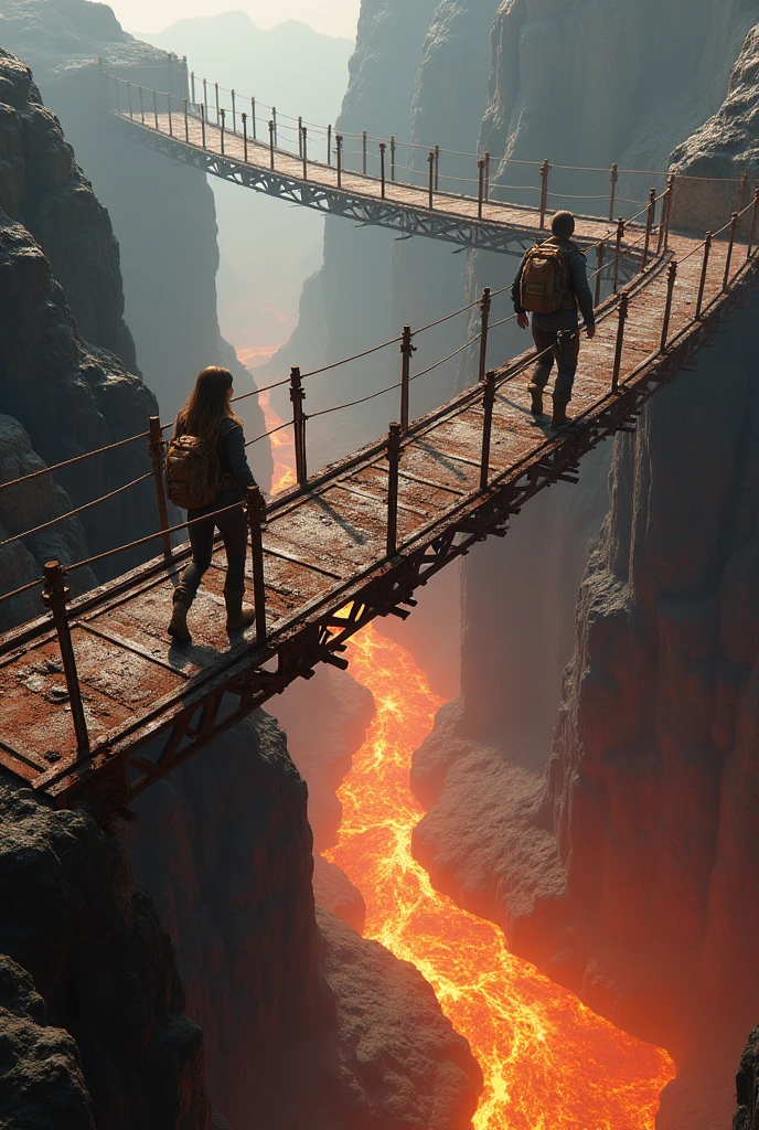 A long rusty iron bridge stretched into the air connecting to a cave and a mountain. And below the bridge a river of lava. And two scientists from behind crossing the bridge, a woman with loose, straight hair and a man. All in exploration and scientific suits. That the man is almost reaching the other side of the bridge and the woman is halfway across the bridge. And have scientist clothes with backpacks
