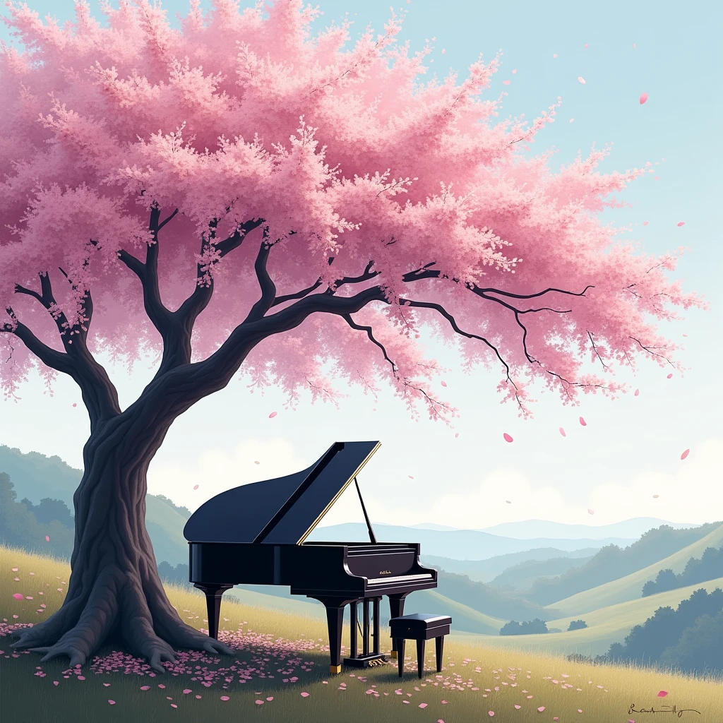 A grand piano at the base of a cherry blossom tree in full bloom,landscape,