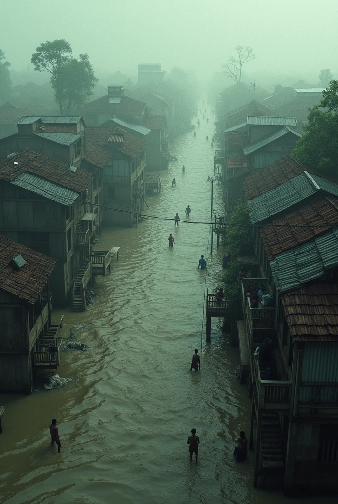 Flood Bangladesh too much flood and water scary people are on 3rd floor on the roof and crying sooo much water around them almost dying people those house must be full with water or under the water