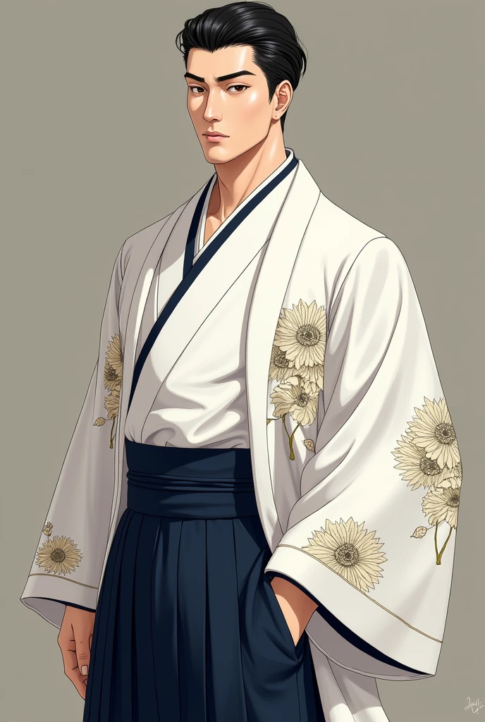 A man with a refined look, slender nose, and neatly combed short hair.  
   **Hakama Design**: A navy blue *hakama* paired with a white *kimono* featuring elegant chrysanthemum patterns.