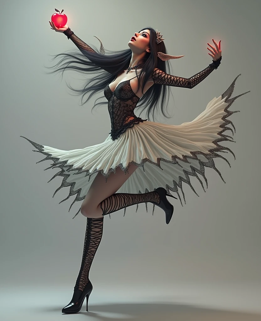 A dark and beautiful woman with long black hair, dressed as a witch queen with intricate accessories, holding a poisonous red apple, (best quality,4k,8k,highres,masterpiece:1.2),ultra-detailed,(realistic,photorealistic,photo-realistic:1.37),detailed eyes,detailed lips,extremely detailed face,longeyelashes,dark fantasy,gothic,dramatic lighting,dramatic pose,chiaroscuro,rich colors,deep red,deep purple,black and red