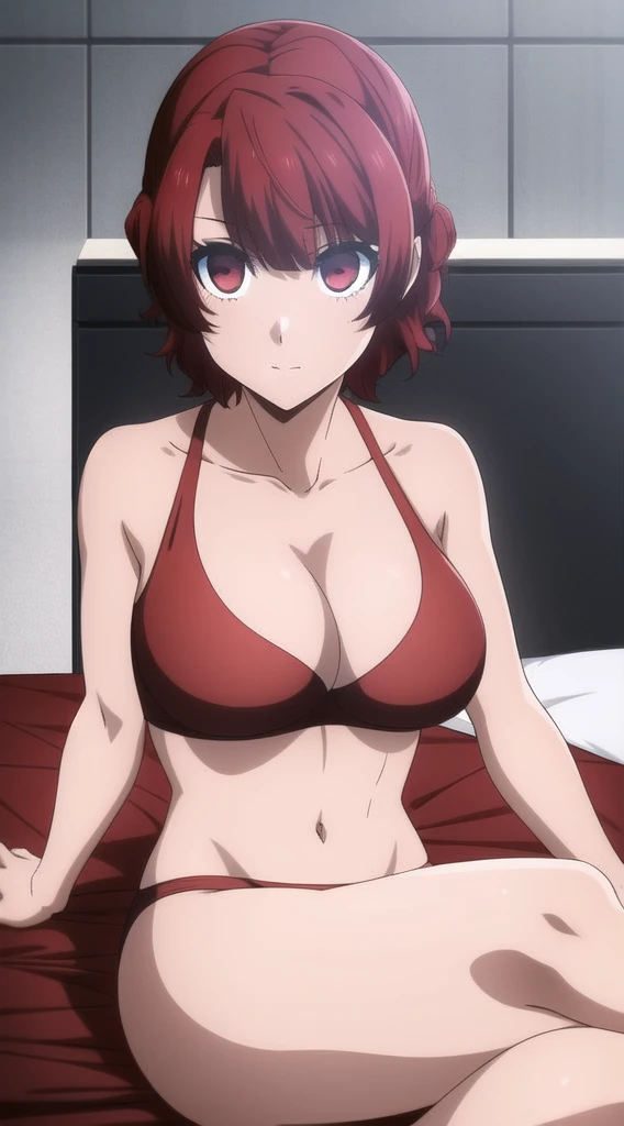 ((masterpiece)), ((best quality)), anriteieri, 1girl, breasts, short_hair, red_hair, red_eyes, solo_focus, indoors, medium_breasts, bikini, bed, laying