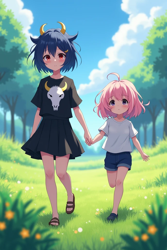 create two female characters, two sisters, Whole body, One with short hair and the tips of her hair raised in dark blue and a black skirt and blouse, her blouse that has a goat skull, Draw the youngest with slightly fluffy, wavy, pastel pink hair., pole sort and a shirt, the one with blue hair give her red eyes and the one with pink hair give her black eyes, Put eyeliner and eyelashes on both of them, blushing, holding hands walking forward through the grass, Make the little one smile, anime style d2 pixar