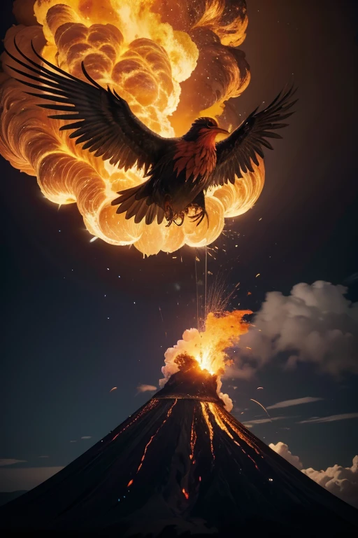 Flower growing from the ashes of the volcano, with phoenix bird hovering around