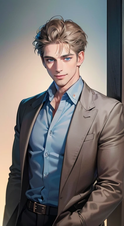 (best quality, masterpiece, 8K, photorealistic, cinematic lighting, 1:4 hdr image, ultra detailed, beautiful image), a mature man, 34 years very handsome, ((cold expression smile in love)), short gray brown hair, blue eyes, face perfect without mistakes, ((buttoning his jacket, CEO))