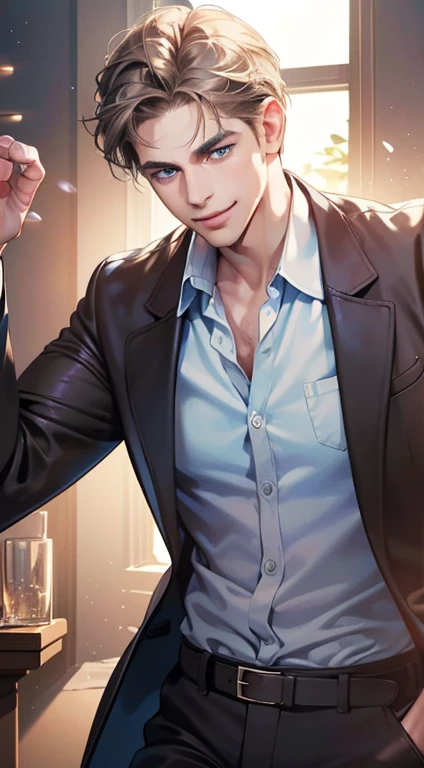(best quality, masterpiece, 8K, photorealistic, cinematic lighting, 1:4 hdr image, ultra detailed, beautiful image), a mature man, 34 years very handsome, ((cold expression smile in love)), short gray brown hair, blue eyes, face perfect without mistakes, ((buttoning his jacket, CEO))