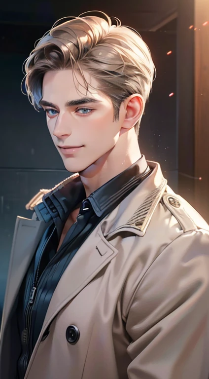 (best quality, masterpiece, 8K, photorealistic, cinematic lighting, 1:4 hdr image, ultra detailed, beautiful image), a mature man, 34 years very handsome, ((cold expression smile in love)), short gray brown hair, blue eyes, face perfect without mistakes, ((buttoning his jacket, CEO))