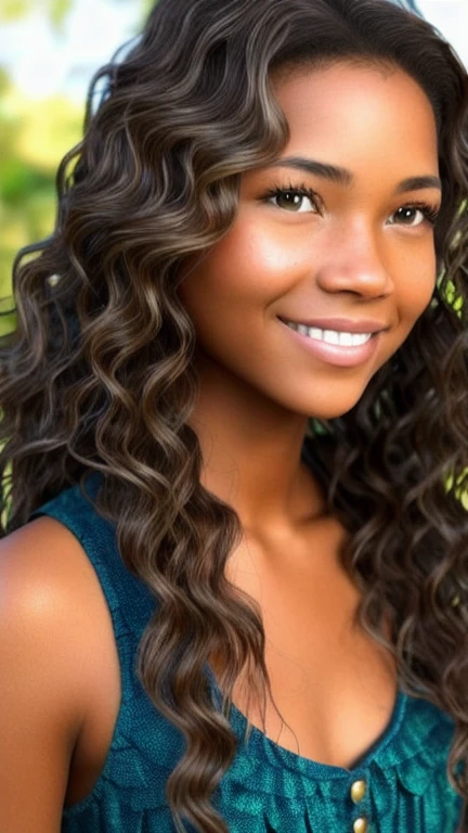Generate a very detailed, Realistic photograph of a captivating mixed-race Latin-Malagasy woman.. its length, Wavy hair cascades in soft light brown waves., shining with golden reflections. Her expressive hazel eyes, sprinkled with green, radiates warmth and charm. Her radiant tanned complexion is a testament to her diverse heritage...
The woman's style is a surprising combination of modernity and elegance., With an urban touch and a nod to its traditional roots.. She wears elegant outfits that blend perfectly with reinterpreted traditional pieces.., Creating a unique and elegant look. Accessories and handmade jewelry adorn it., add: same face, shorter hair. golden eye.