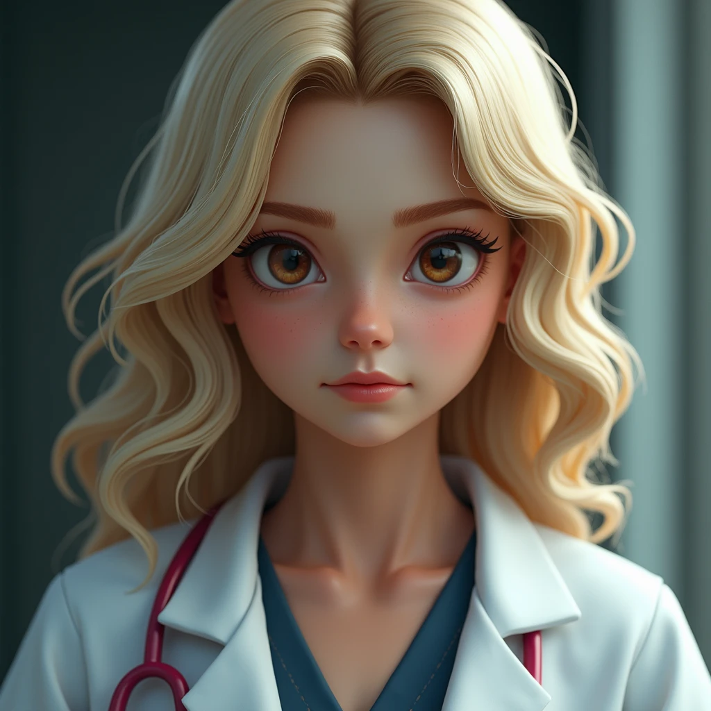 young jewish woman, full weight body, blonde long wavy hair, short neck, straight focus, white lab coat jacket, close up portrait, gaming character