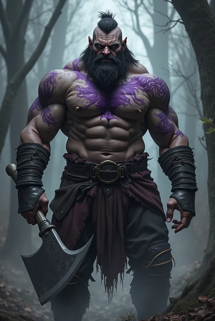 male Orc symbaroum with the axe on hand , and dark violet tattoo, masterpiece 8K UHD, mystery atmosfera , fit body,