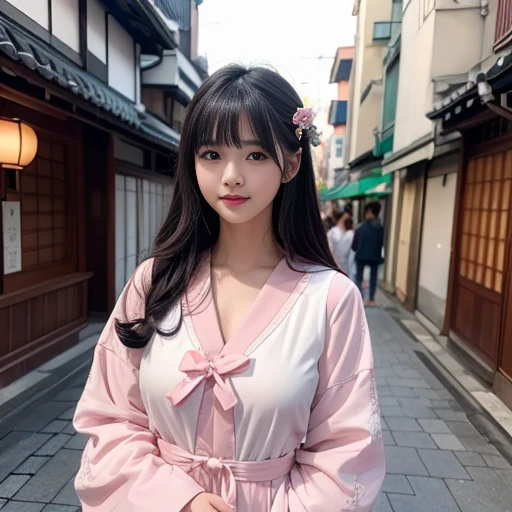 laughing out loud,Sailor Suit,身穿日本學生Sailor Suit,best quality, Delicate face,beautiful visual work, lifelike, eternity, black hair, Long curly hair, blunt bangs, laughing out loud, On the streets of Kyoto, Japan, Detailed Background, Delicate face,pink blush,cold,((masterpiece))、(top quality)、8k、high detail、Super detailed,31-year-old female、Seductive and whimsical style、masterpiece、born、Beautifully、magic、capricious、 Beautifully、Dream aesthetics、「𝓡𝓸𝓶𝓪𝓷𝓽𝓲𝓬、ethereal、charming、fickle、magic」、realism、Visual effects、FXAA、SSAO、Shader、voiceless、ambient lighting、Tone mapping、High resolution、Ultra high quality、Million pixels、(8K resolution:1.10)、8k、8k以下、8K resolution、high detail、intricate details, (high quality:1.2、masterpiece:1.2、:1.21)、(Surrounded by a dreamy atmosphere、Model diagram,Normal 2 feet,Don't show your fingers,Large Breasts, h cup