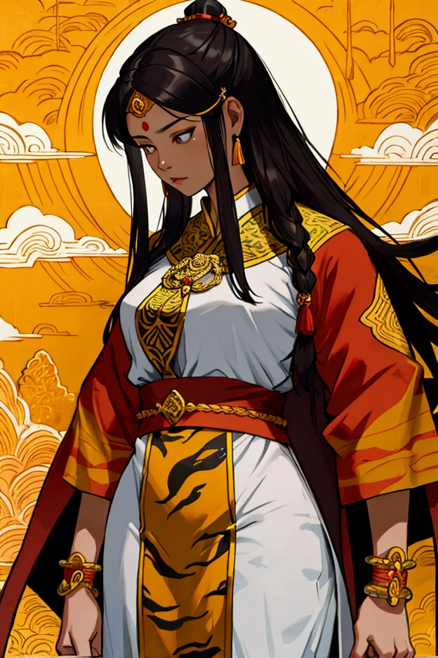 woman,Wearing a Thai tiger-patterned outfit,Long hair tied at the head, No feet ,Priestess,Not,stand,Thai woman