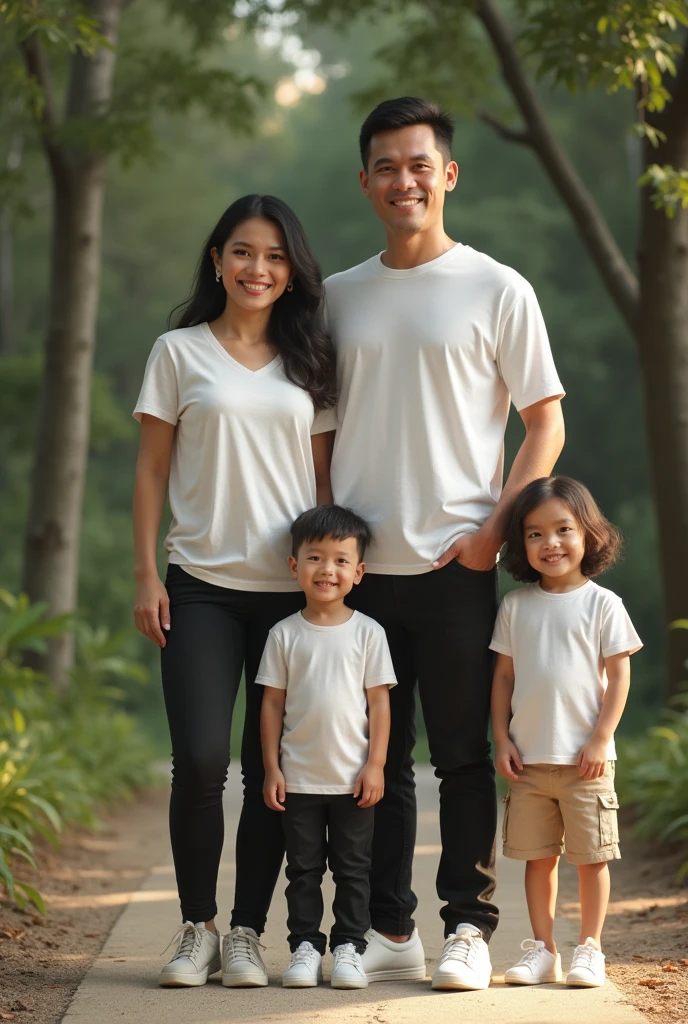 Family, filipino, wearing white shirt, black pants, white shoes, whole body, realistic, not really hd, natural lightings, not edited,