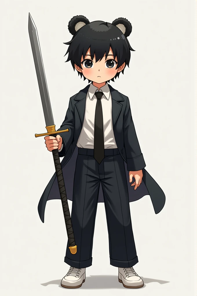white shirt, black tie, jacket, black pajama pants, white shoes, bear ears, holding sword, black hair, boy