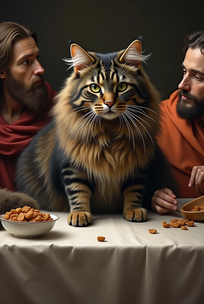 Black and brown gray tabby cat, long hair in artwork the last supper in horizontal image