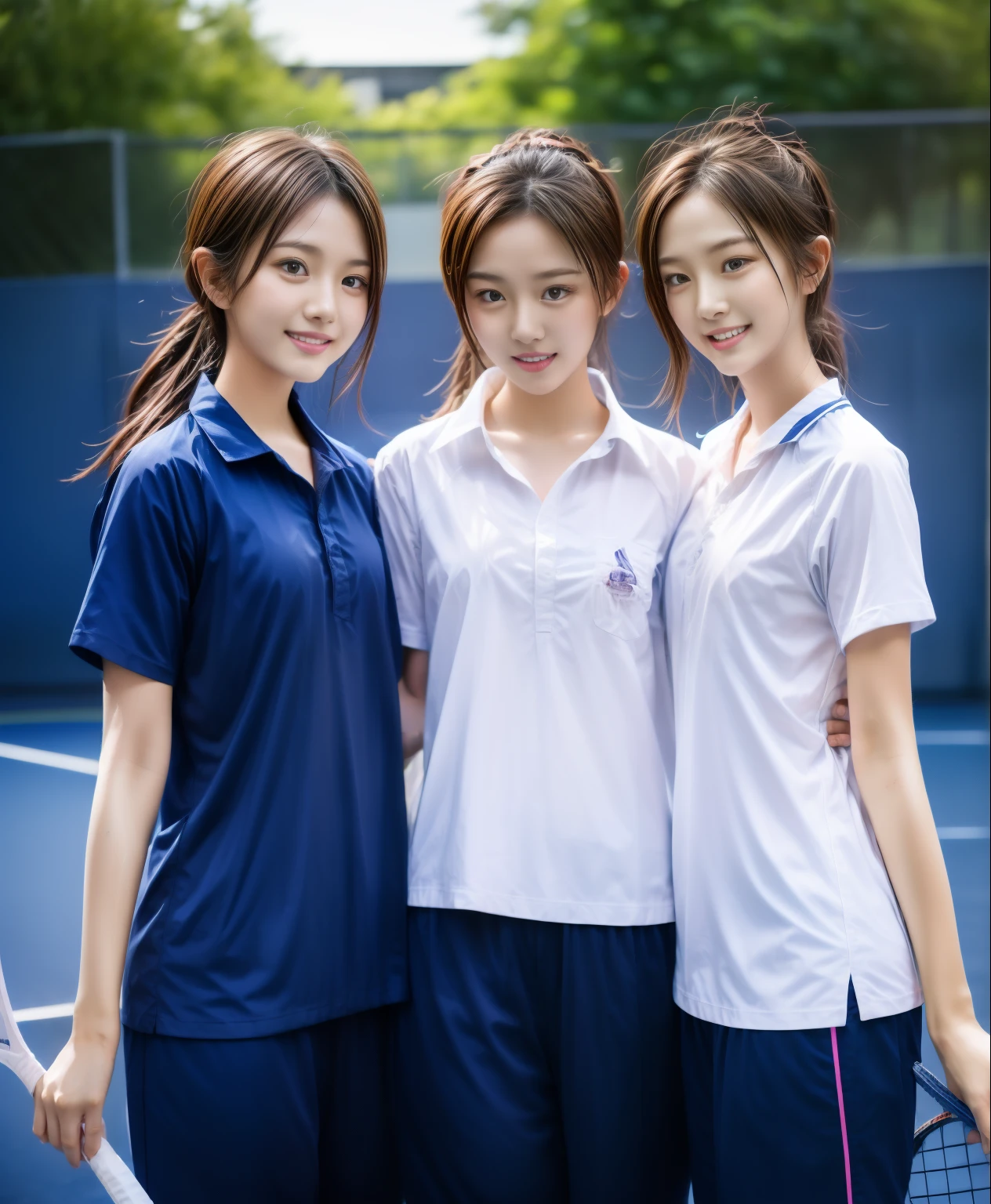 3 girls play tennis at tennis courts, Navy blue short-sleeved shirt,Navy Long Trackpant,Sweatpants, Sweatpantsขายาว,25 year old girl, lesbian, sexy, exercise clothes, wet body, exercise clothes