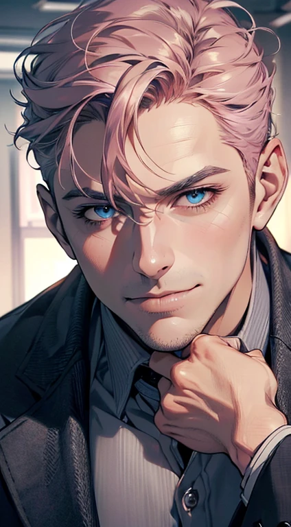 (best quality,4k,8k,highres,masterpiece:1.2),ultra-detailed,(realistic,photorealistic,photo-realistic:1.37),1 man,3,mature man,very handsome,without expression,smile,short grey pink hair,blue eyes,penetrating gaze,perfect face without errors,imposing posture,businessman,office background,cinematic lighting,hdr image
