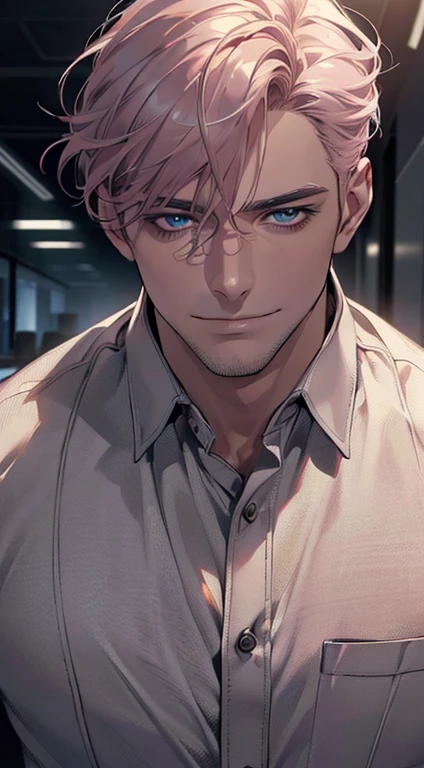 (best quality,4k,8k,highres,masterpiece:1.2),ultra-detailed,(realistic,photorealistic,photo-realistic:1.37),1 man,3,mature man,very handsome,without expression,smile,short grey pink hair,blue eyes,penetrating gaze,perfect face without errors,imposing posture,businessman,office background,cinematic lighting,hdr image