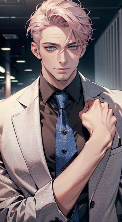 (best quality,4k,8k,highres,masterpiece:1.2),ultra-detailed,(realistic,photorealistic,photo-realistic:1.37),1 man,3,mature man,very handsome,without expression,smile,short grey pink hair,blue eyes,penetrating gaze,perfect face without errors,imposing posture,businessman,office background,cinematic lighting,hdr image