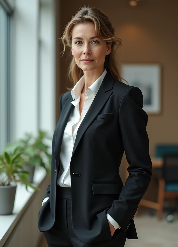 A 57-year-old women that is still very beautiful.,white skin, Height 160, Slim like a middle-aged woman, but still considered a beautiful figure., full body, Wear work clothes, In the office, 4K, high definition, realistic