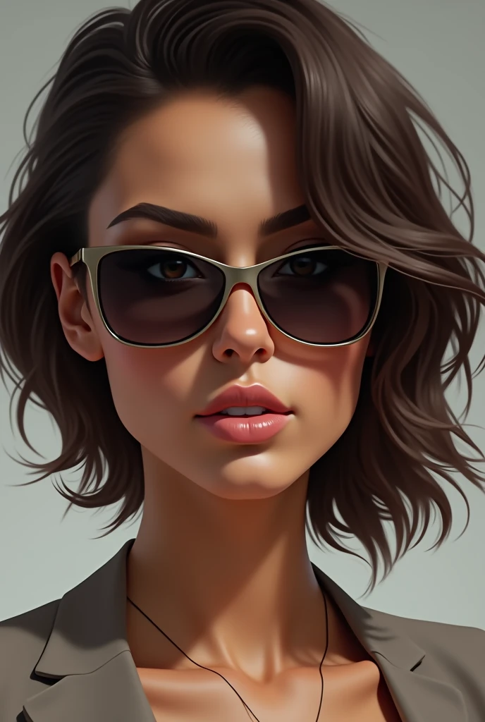 create a woman where only her face appears with sunglasses, A brunette woman, with an empowered air