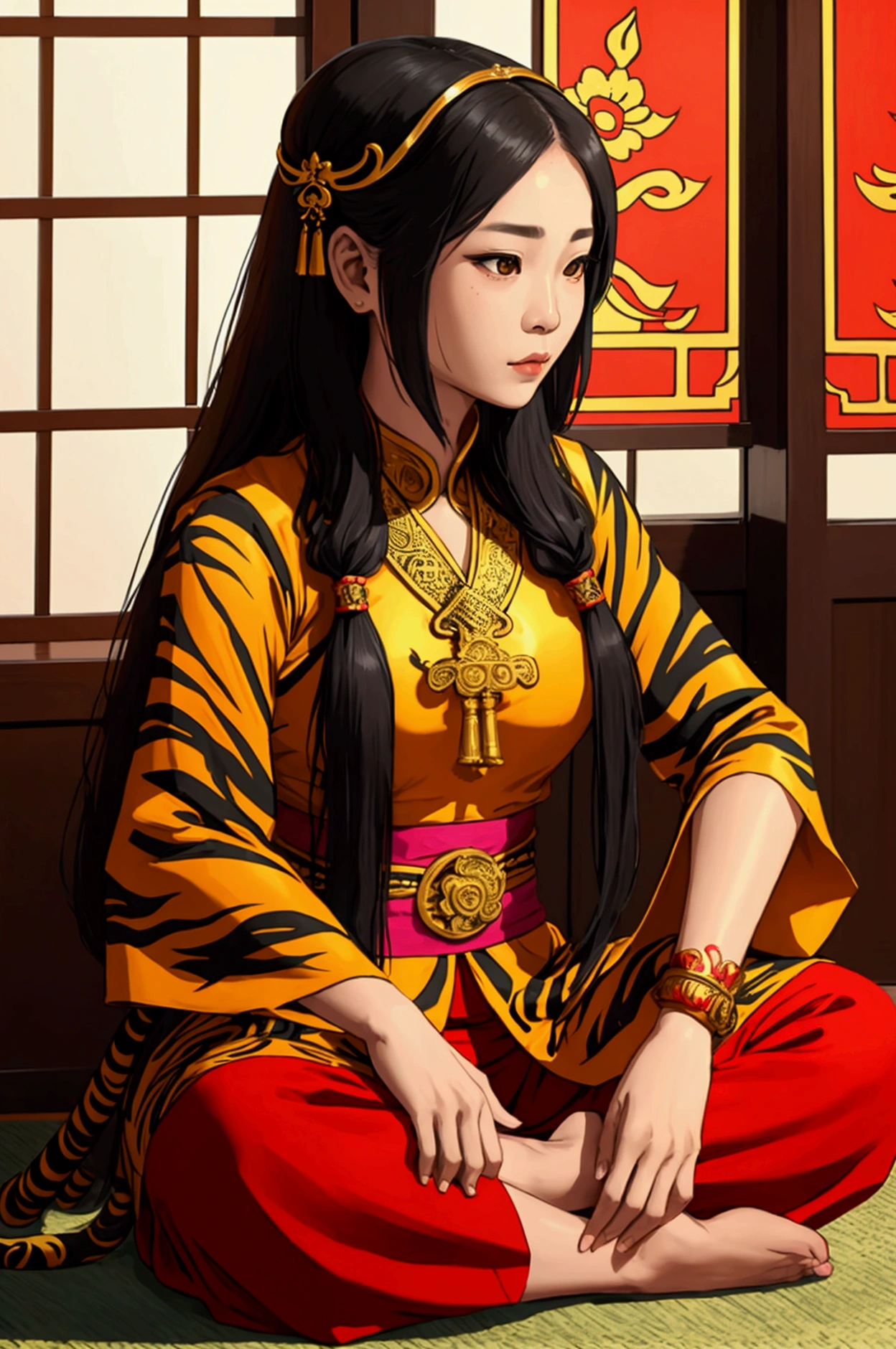 woman,Wearing a Thai tiger-patterned outfit,Long hair tied at the head, No feet ,Priestess,Not,stand,Thai woman
