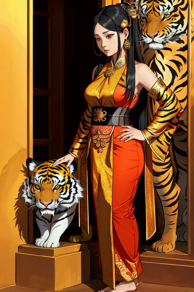 woman,Wearing a Thai tiger-patterned outfit,Long hair tied at the head, No feet ,Priestess,Not,stand,Thai woman