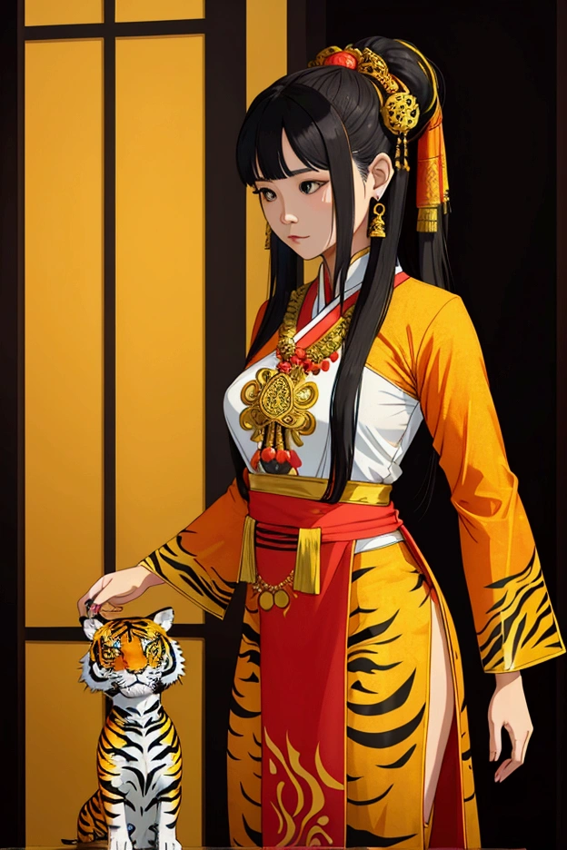 woman,Wearing a Thai tiger-patterned outfit,Long hair tied at the head, No feet ,Priestess,Not,stand,Thai woman