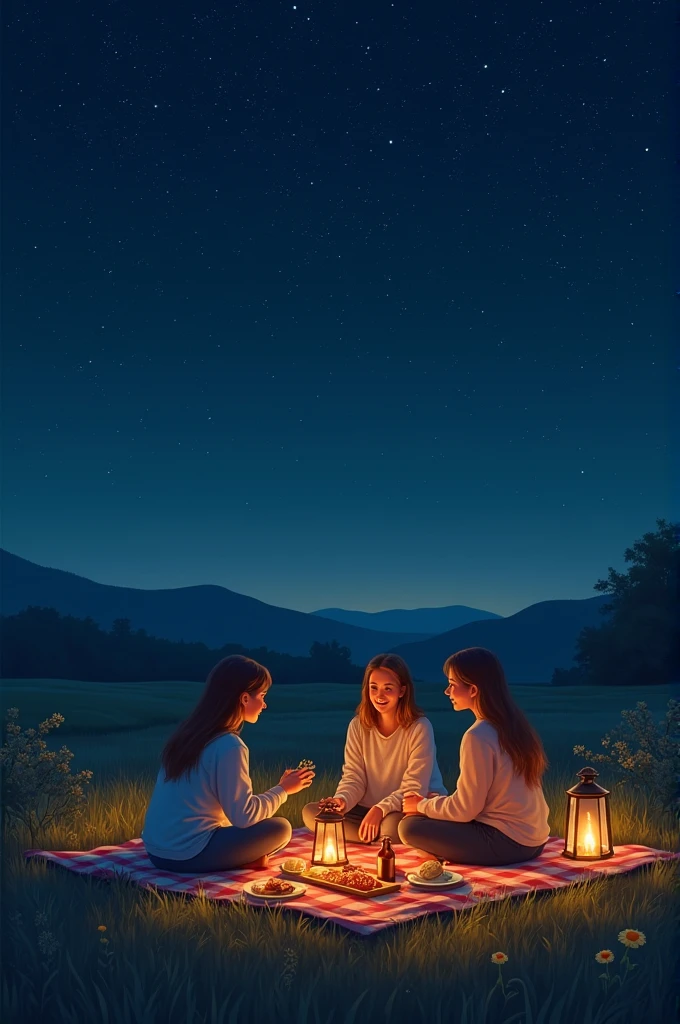 3 friends eating picnic in the fields under the stars