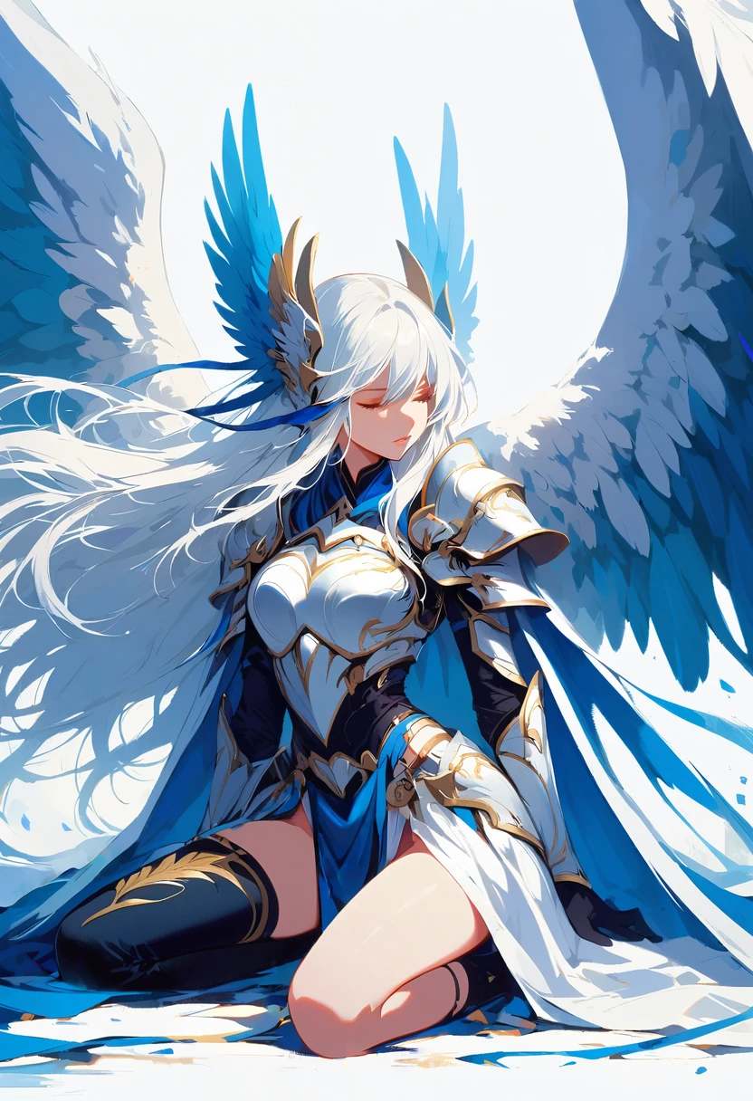 1girl angel angel_wings armor feathers_Long wing feathers_Hair Shoulder Armor Shoulder_Armor single piece_Upper wing separation_The body is white_Theme blue_Wings Wings Leggings