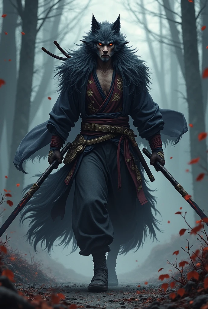 Create a character inspired by Kimetsu no Jaiba who is a demon hunter but has wolf characteristics such as breathing and attacking with double swords that is a man