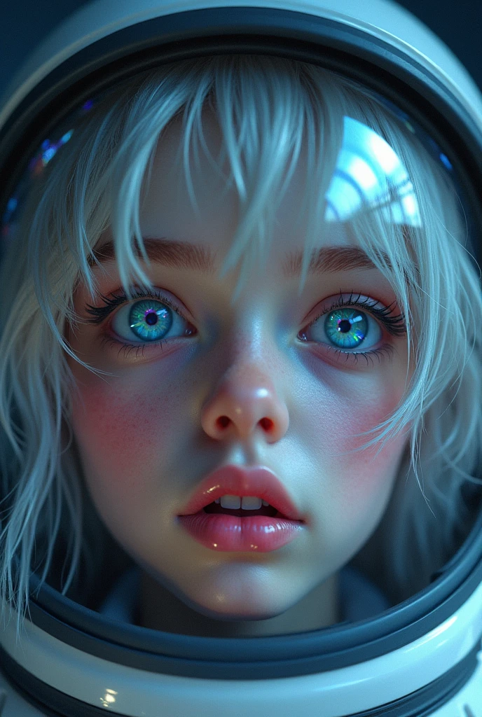 (Close-up of a better masterpiece: 1.5) 0.9], (Space and astronauts: 1.2) (Disheveled silver hair: 1.1) (Xanthochromia heterochromia and blue eyes: 1.2) (space helmet: 1.0) (colorful stars in the eyes: 1.0) (A radiant glow: 1.1) (thick lips: 0.9)