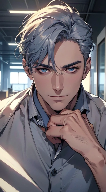 (best quality,4k,8k,highres,masterpiece:1.2),ultra-detailed,(realistic,photorealistic,photo-realistic:1.37),1 man,3,mature man,very handsome,without expression,smile,short grey blue hair,blue eyes,penetrating gaze,perfect face without errors,imposing posture,businessman,office background,cinematic lighting,hdr image