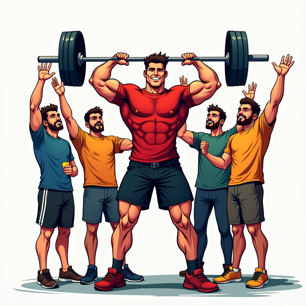 comic art style, best quality, masterpiece, full body image of handsome young man wearing red tshirt and black shorts, (lifts barbell), four friends behind him cheering, perfect fingers, perfect hands, perfect face, perfection, white background